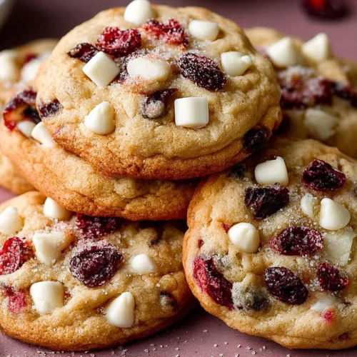 Soft-baked white chocolate cranberry cookies on a baking tray