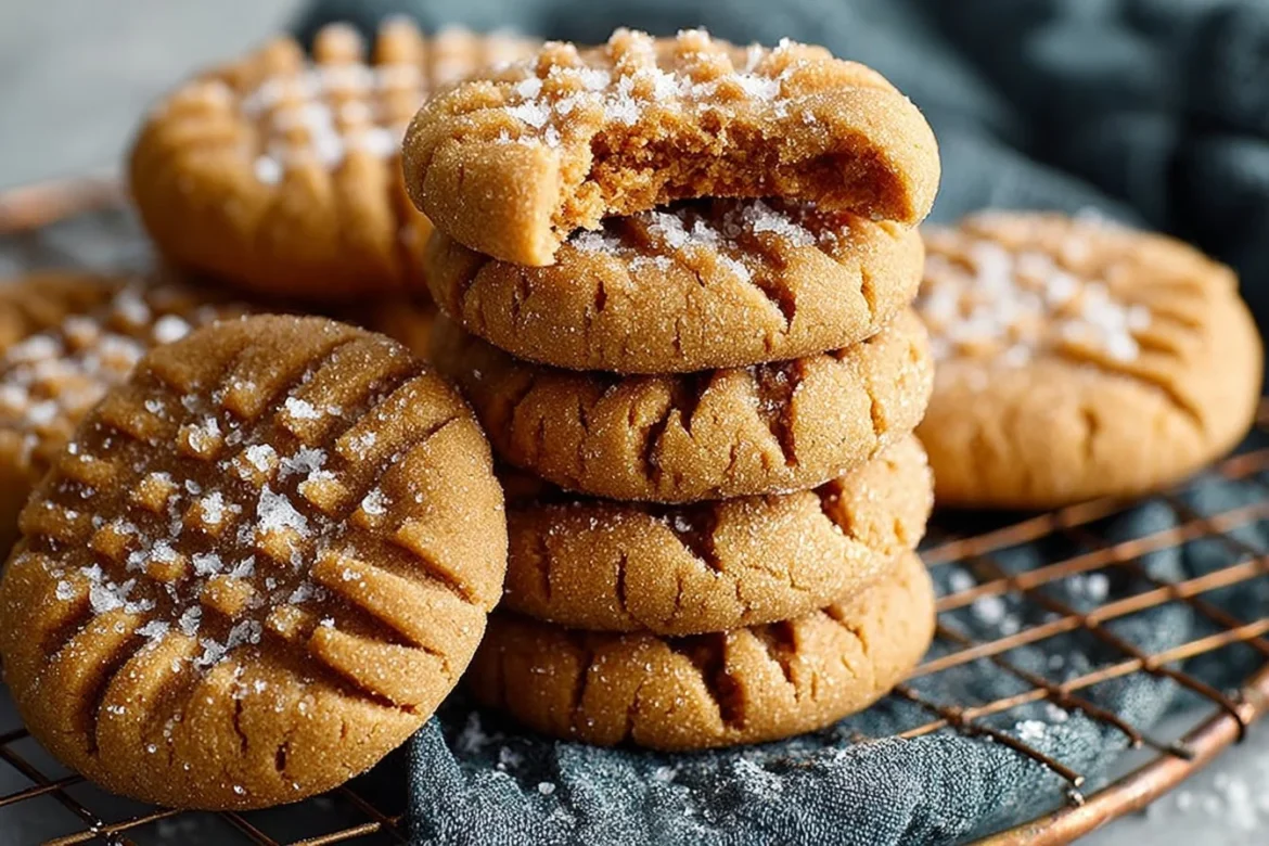 Soft and thick peanut butter cookies on a baking rack