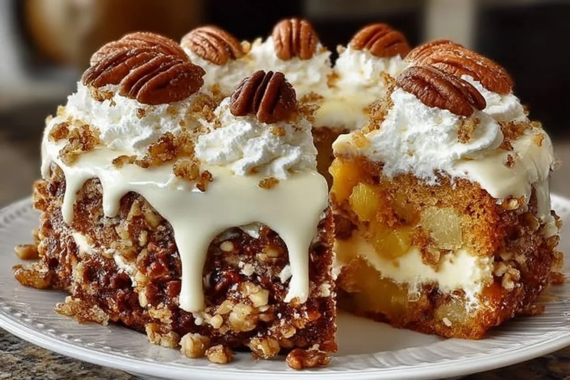 Southern Creamy Pineapple Pecan Cake with rich frosting and pecans
