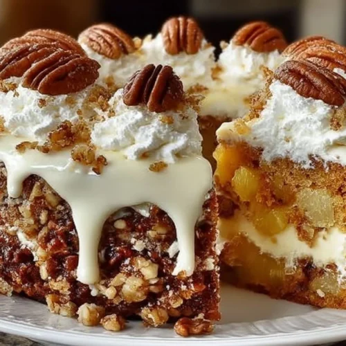 Southern Creamy Pineapple Pecan Cake with rich frosting and pecans