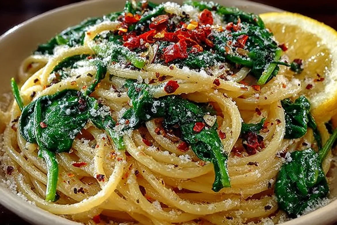Delicious Spaghetti with Garlic and Spinach served on a plate