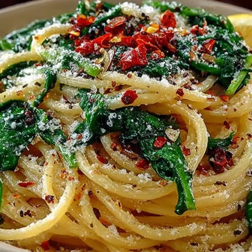 Delicious Spaghetti with Garlic and Spinach served on a plate