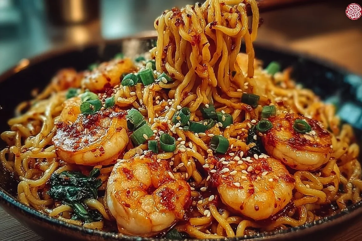 Spicy Garlic Shrimp Noodles garnished with herbs in a white bowl