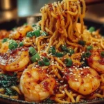 Spicy Garlic Shrimp Noodles garnished with herbs in a white bowl