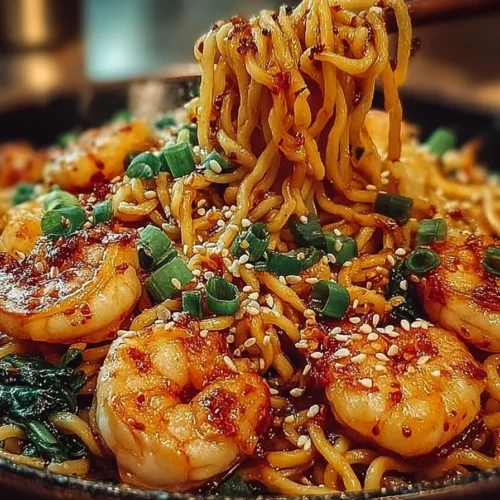 Spicy Garlic Shrimp Noodles garnished with herbs in a white bowl