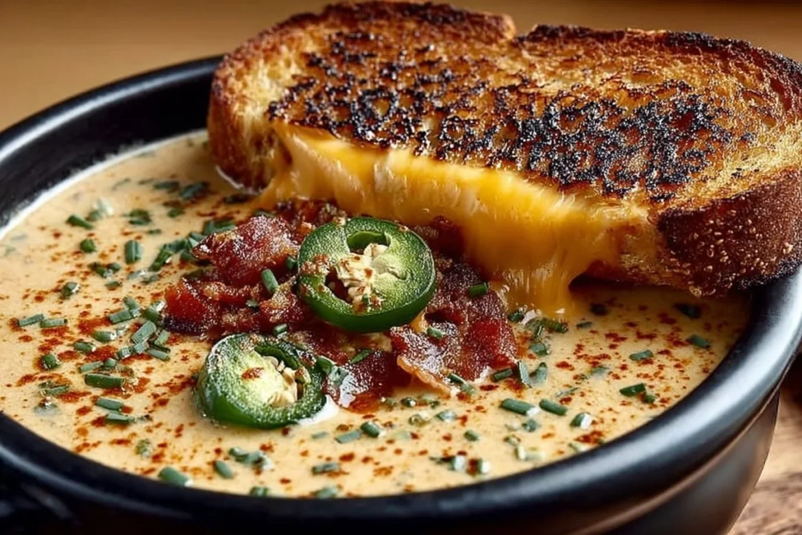 Bowl of spicy jalapeño popper soup with grilled cheese dippers on the side
