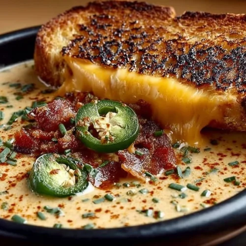 Bowl of spicy jalapeño popper soup with grilled cheese dippers on the side