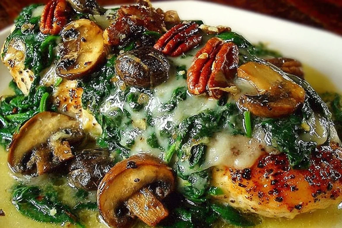 Delicious spinach and mushroom smothered chicken served on a plate