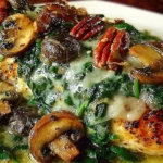 Delicious spinach and mushroom smothered chicken served on a plate