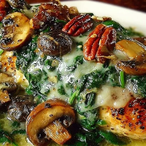 Delicious spinach and mushroom smothered chicken served on a plate