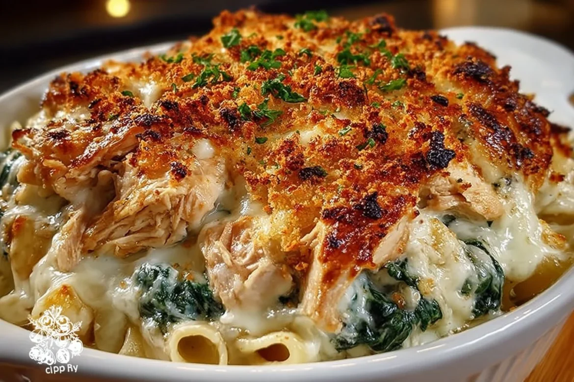 Spinach Chicken Casserole topped with Cream Cheese and Mozzarella cheese