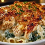 Spinach Chicken Casserole topped with Cream Cheese and Mozzarella cheese