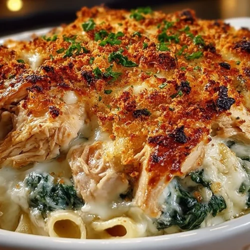 Spinach Chicken Casserole topped with Cream Cheese and Mozzarella cheese