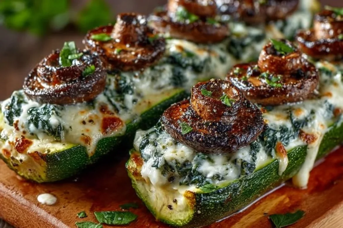 Spinach, mushroom, and ricotta stuffed zucchini boats on a plate