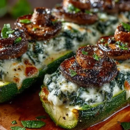 Spinach, mushroom, and ricotta stuffed zucchini boats on a plate