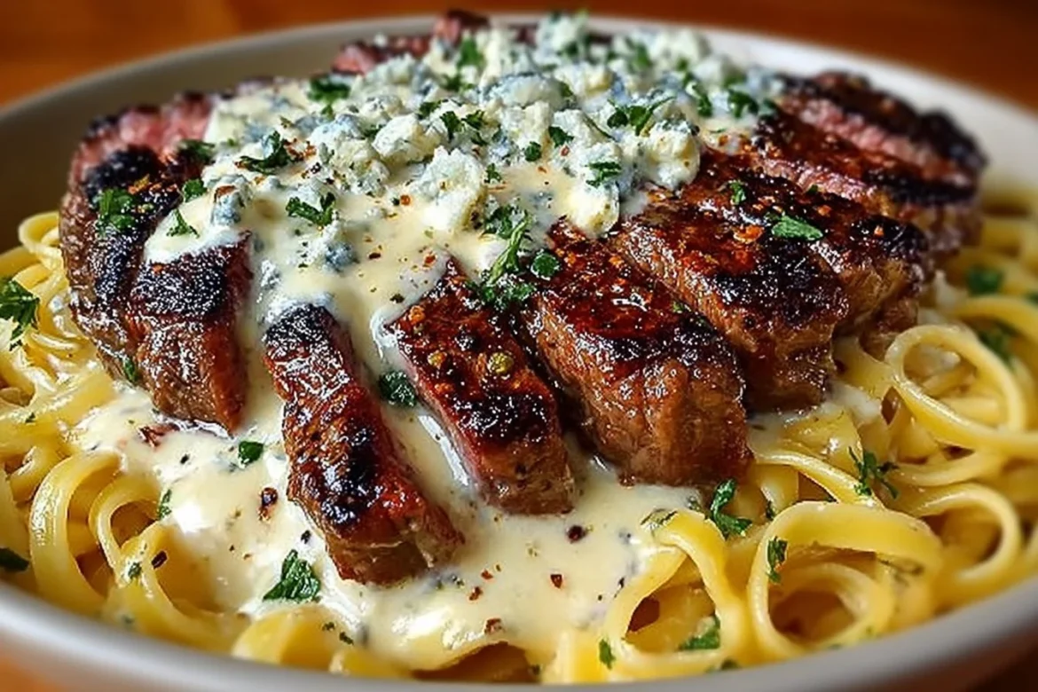 Delicious Steak Gorgonzola Alfredo with creamy sauce and tender steak slices.