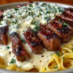 Delicious Steak Gorgonzola Alfredo with creamy sauce and tender steak slices.