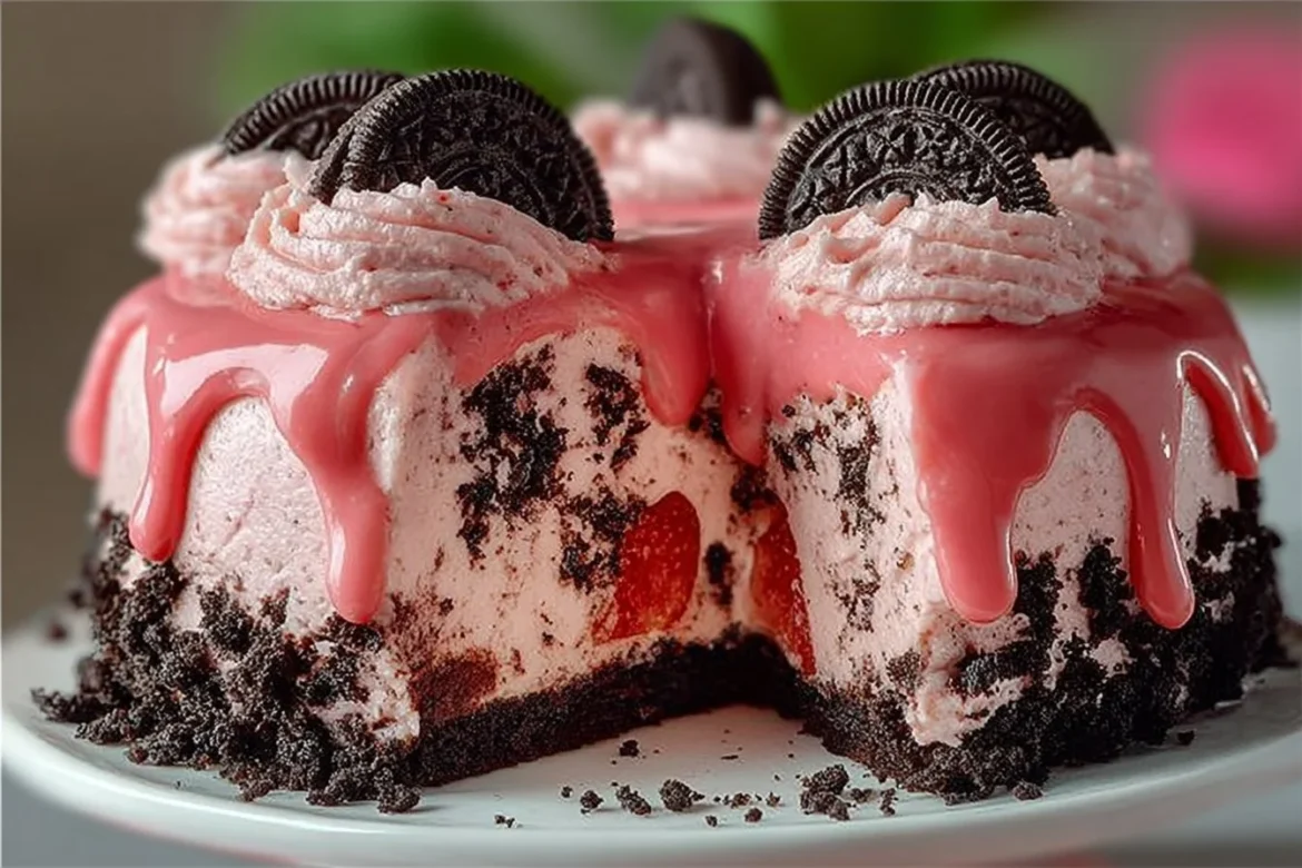 Delicious Strawberry Cake topped with Oreo Crumble and Cookies 'n Cream Icing