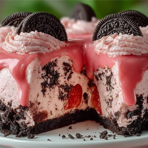 Delicious Strawberry Cake topped with Oreo Crumble and Cookies 'n Cream Icing
