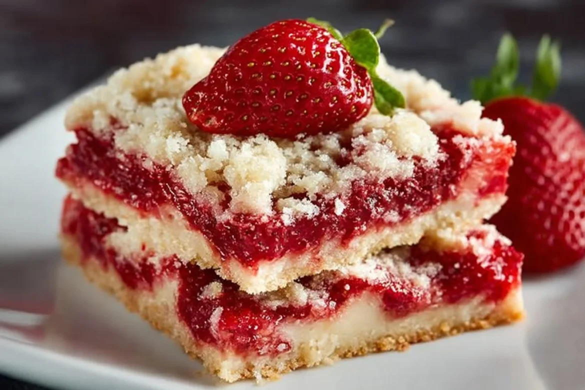 Freshly baked strawberry crumb bars with a golden crumb topping