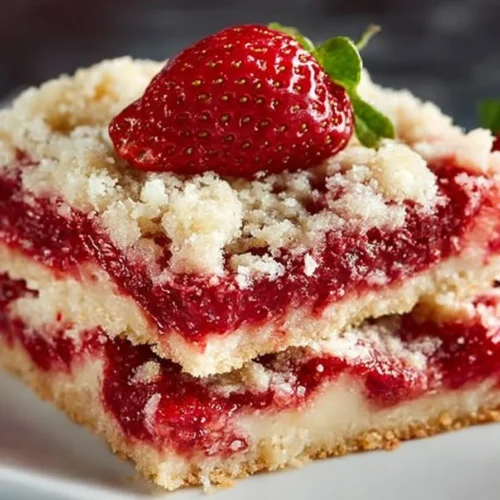 Freshly baked strawberry crumb bars with a golden crumb topping