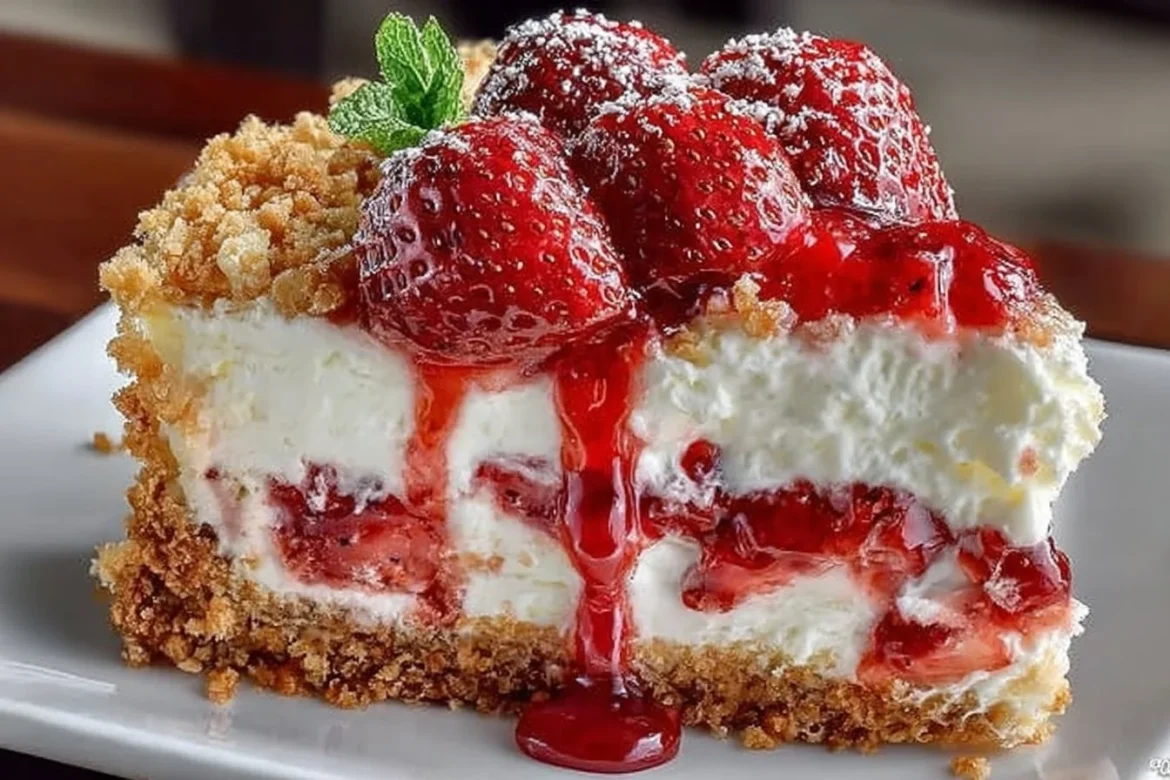 Delicious slice of Strawberry Crunch Cheese Cake with fresh strawberries and crunchy topping.