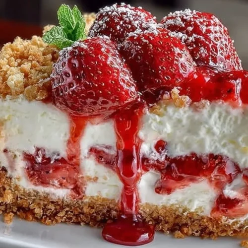 Delicious slice of Strawberry Crunch Cheese Cake with fresh strawberries and crunchy topping.