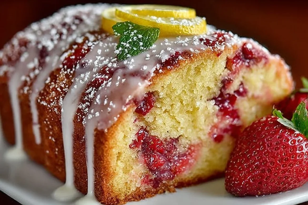 Slice of Strawberry Lemonade Pound Cake topped with fresh strawberries