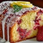 Slice of Strawberry Lemonade Pound Cake topped with fresh strawberries