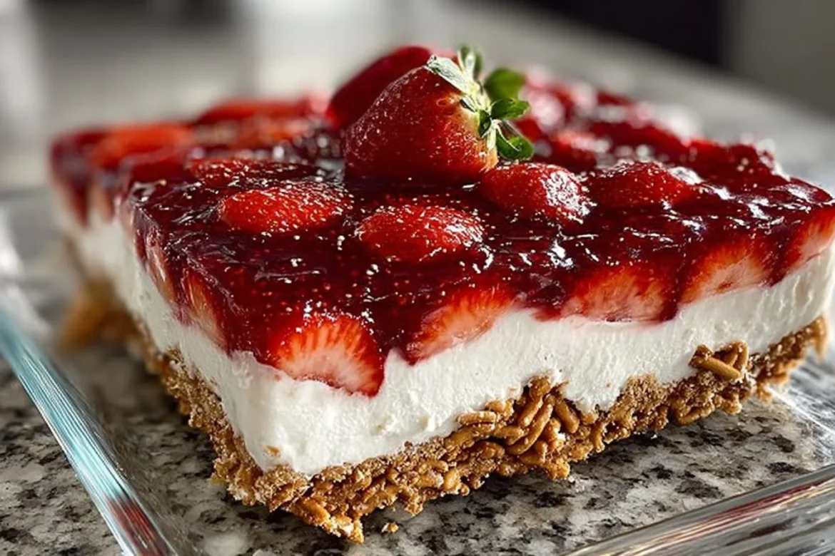 Delicious Strawberry Pretzel Salad with whipped cream and strawberries
