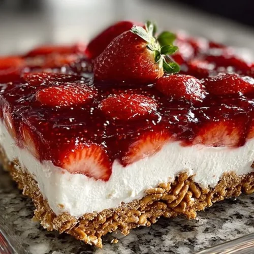 Delicious Strawberry Pretzel Salad with whipped cream and strawberries