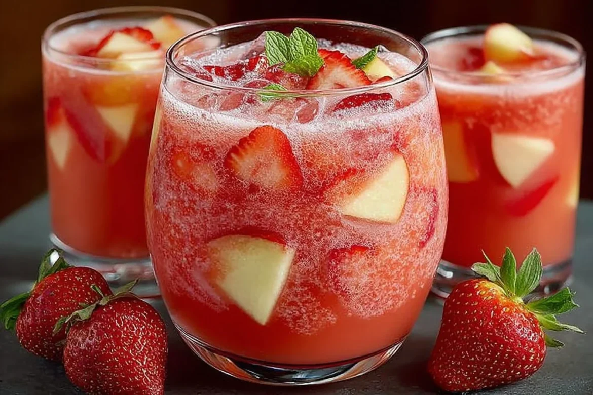 Refreshing summer strawberry apple punch in a glass with fresh fruits