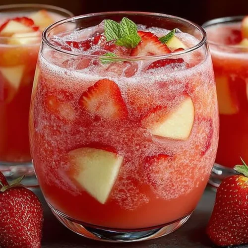 Refreshing summer strawberry apple punch in a glass with fresh fruits