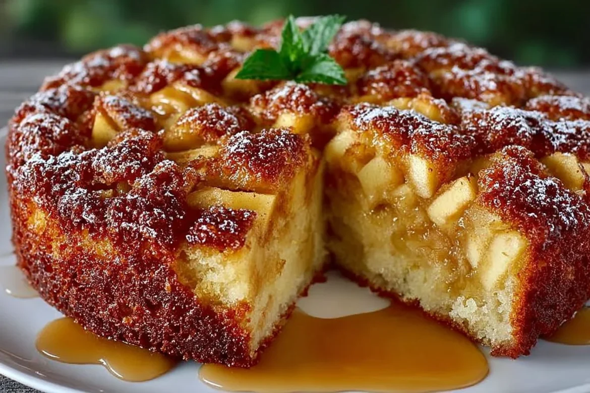 A slice of Swedish Apple Cake topped with fresh apples and spices on a plate