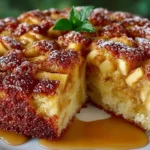 A slice of Swedish Apple Cake topped with fresh apples and spices on a plate