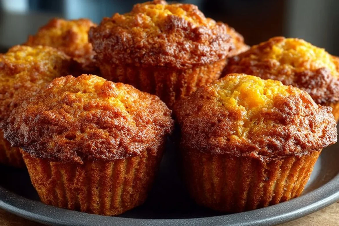 Sweet potato cornbread muffins with honey butter served on a plate.