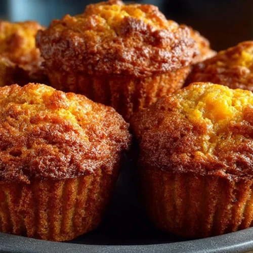 Sweet potato cornbread muffins with honey butter served on a plate.