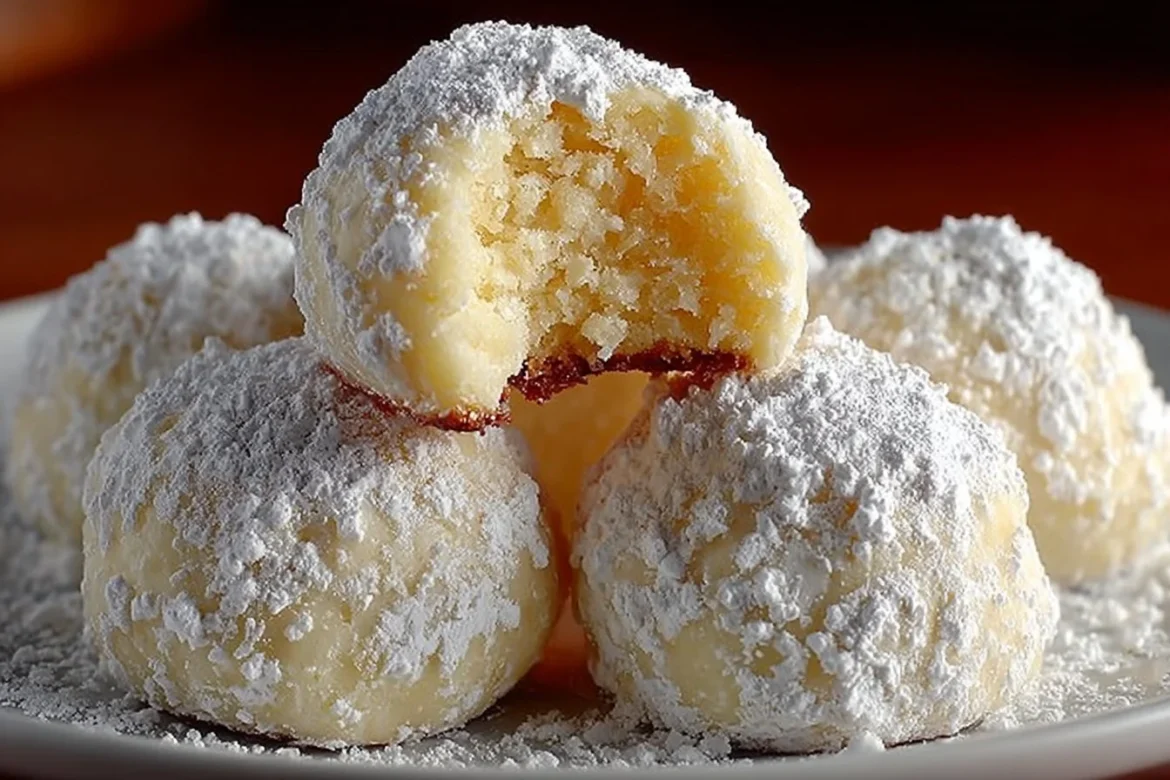Sweetened condensed milk snowball cookies dusted with powdered sugar
