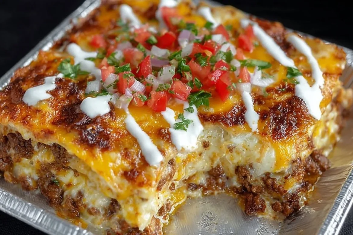 Delicious Taco Lasagna layered with taco ingredients and cheese.