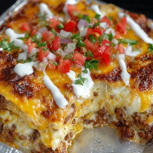 Delicious Taco Lasagna layered with taco ingredients and cheese.