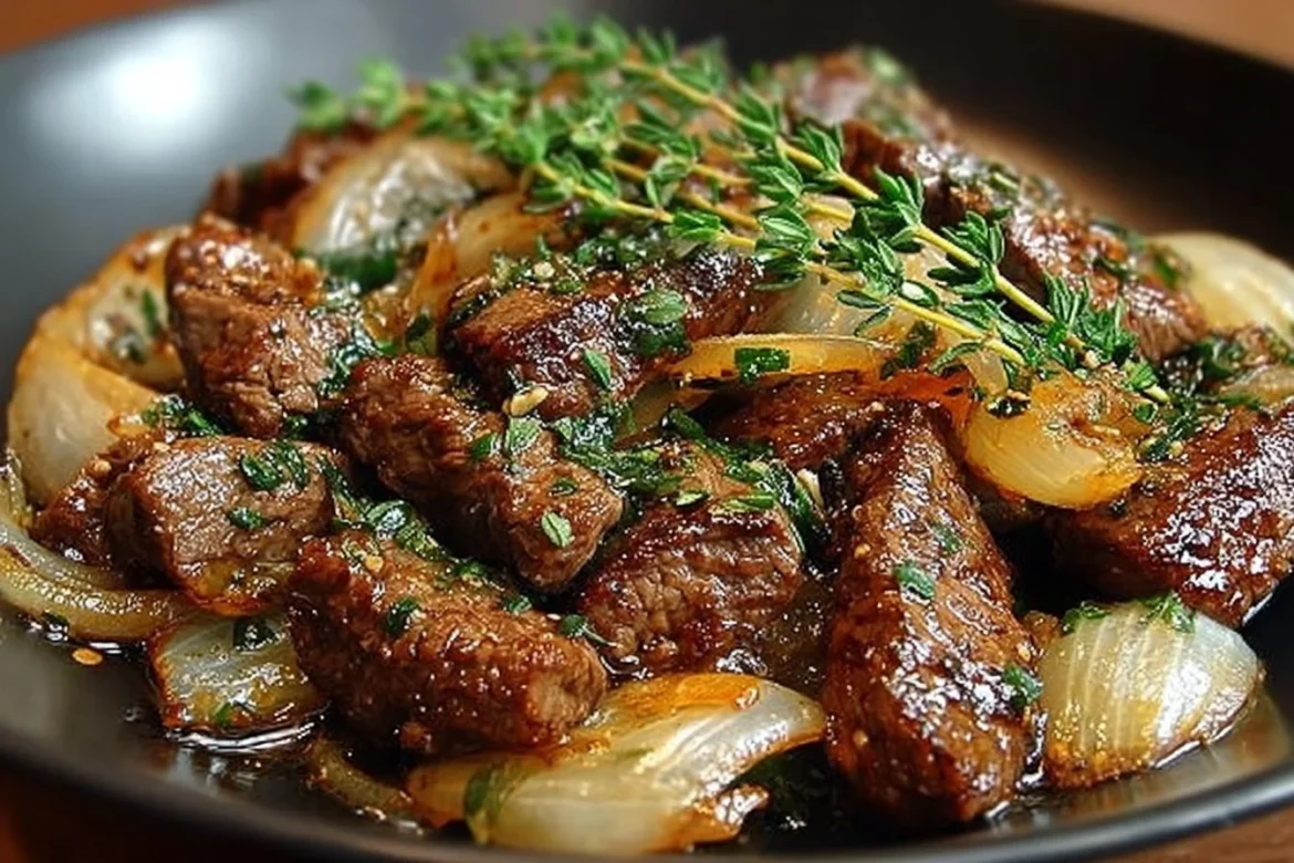 Tender beef strips sautéed with caramelized onions dish