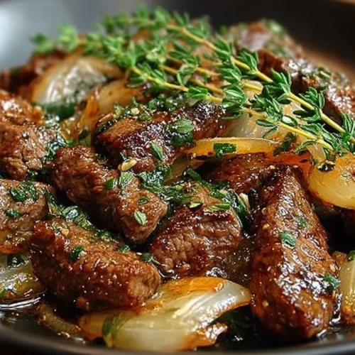 Tender beef strips sautéed with caramelized onions dish