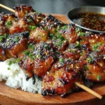 Grilled Teriyaki Chicken Skewers served with fresh vegetables