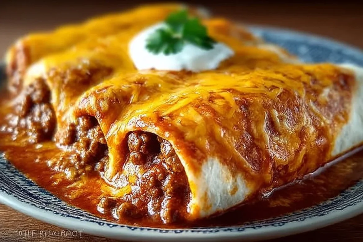 Delicious Enchirito inspired by grandma's recipe, topped with cheese and sauce.