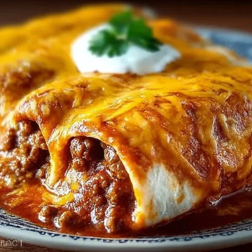 Delicious Enchirito inspired by grandma's recipe, topped with cheese and sauce.