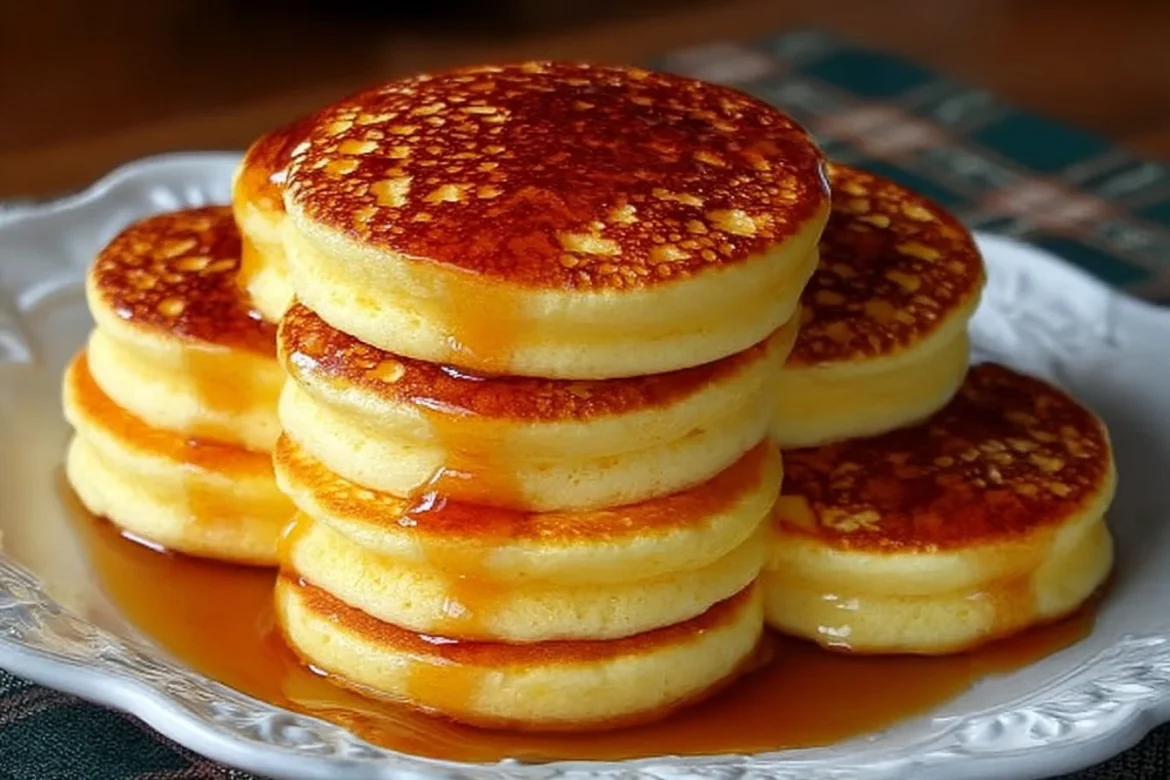 Fluffy pancakes stacked on a plate with syrup and berries