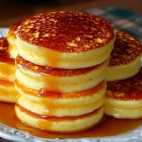 Fluffy pancakes stacked on a plate with syrup and berries