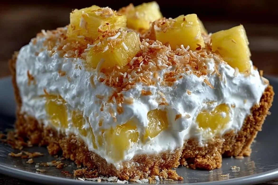 Tropical Pineapple Paradise Pie topped with whipped cream and pineapple slices