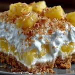 Tropical Pineapple Paradise Pie topped with whipped cream and pineapple slices