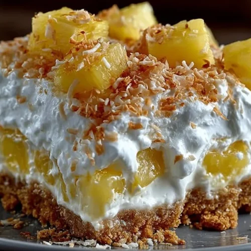 Tropical Pineapple Paradise Pie topped with whipped cream and pineapple slices